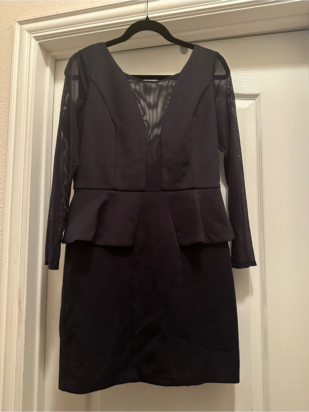 Arden B Navy Peplum Sheath Dress with Sheer Long Sleeves